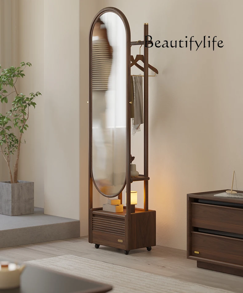 

Solid wood movable full body bedroom, bedside frame, black walnut full-length mirror, household small coat rack