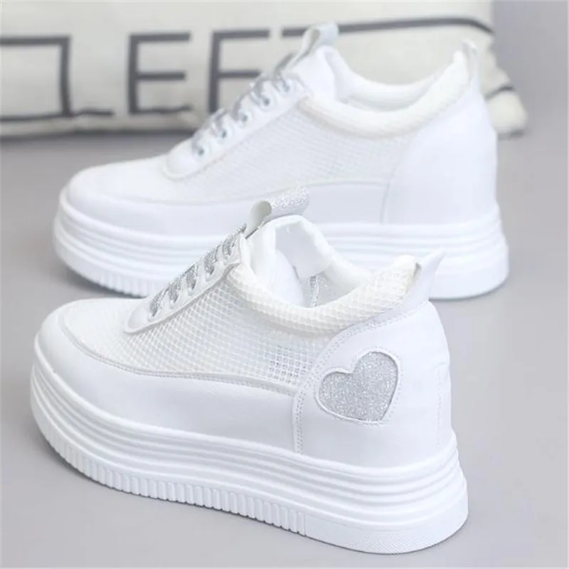 New Summer Breathable Sneakers Women Platform Mesh Shoes Wedges Heels Casual Shoes Woman 8 CM  White shoes