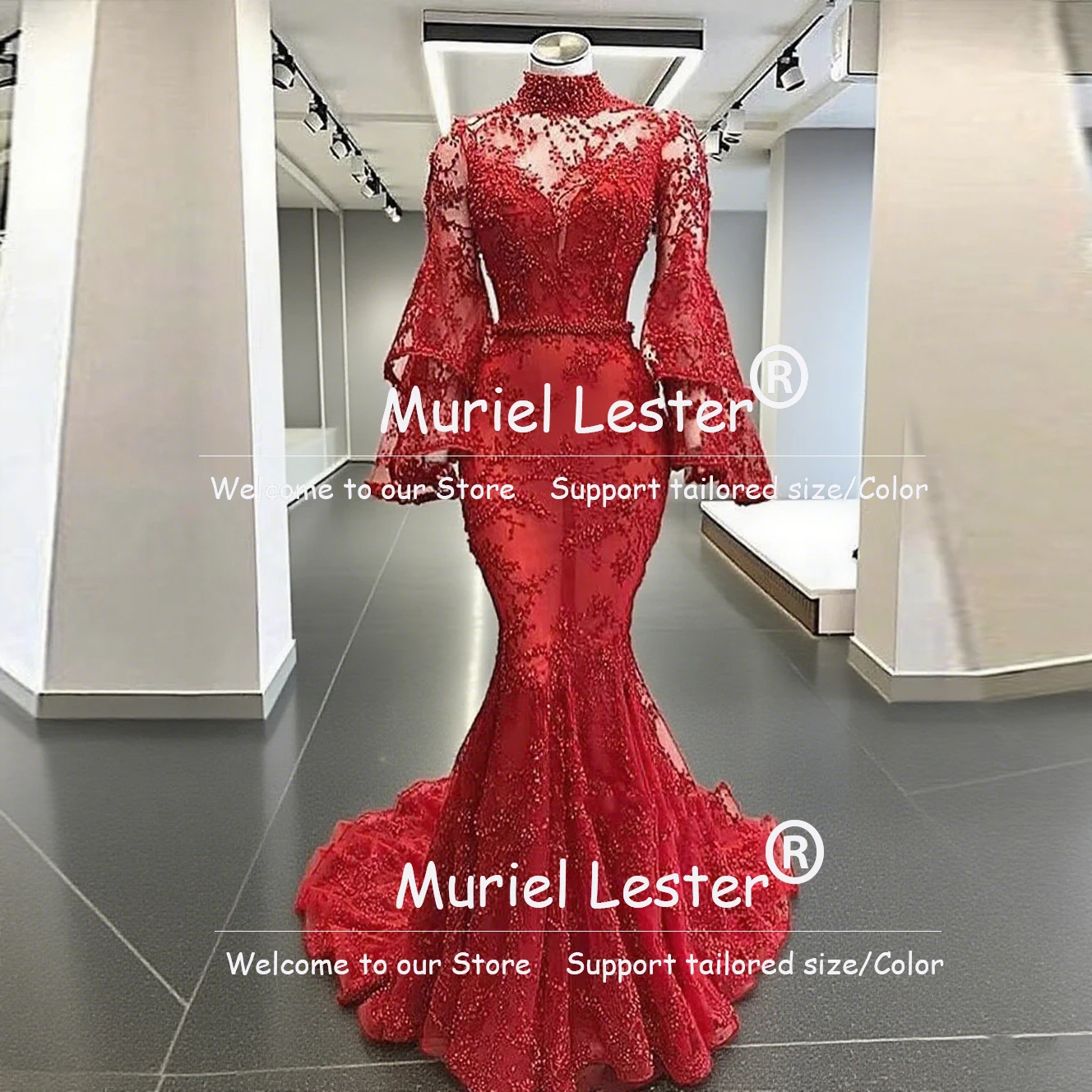 Unique Design High Neck Lace Prom Dresses For Bride Puffy Long Sleeves Mermaid Evening