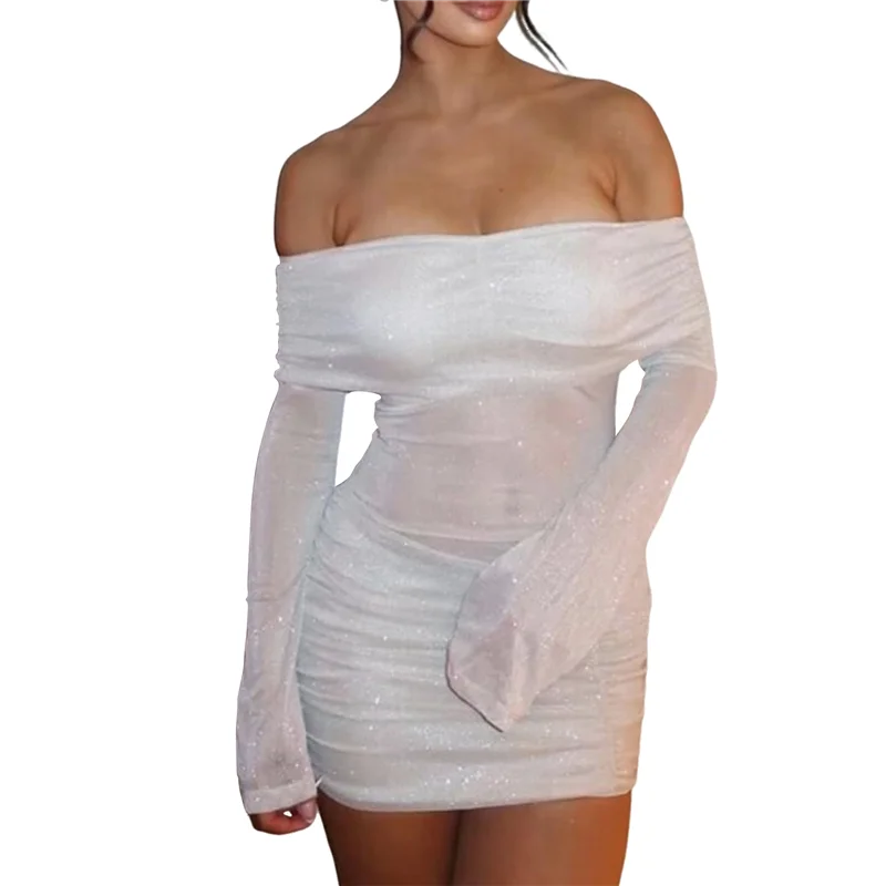 A83F-Damen-Kleid, schulterfrei, figurbetont, Netzstoff, durchsichtig, gerüscht, glänzend, ausgestellt, lange Ärmel, Y2K-Club-Nacht-Out-Kleid