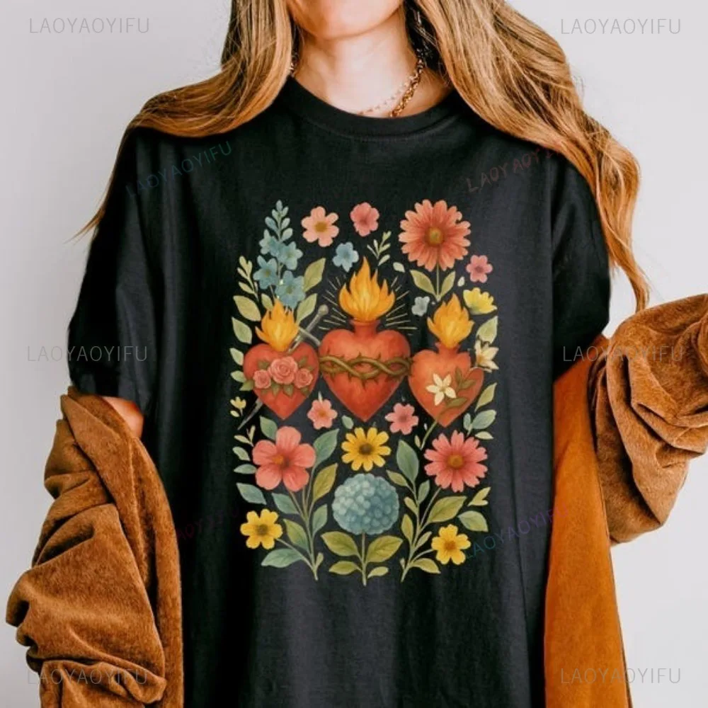 

Католическая рубашка с сердечками Святой семьи, футболка с изображением Святой Сердца Иисуса, футболка Девы Марии Святого Джозефа, христианская футболка, женская и мужская футболка