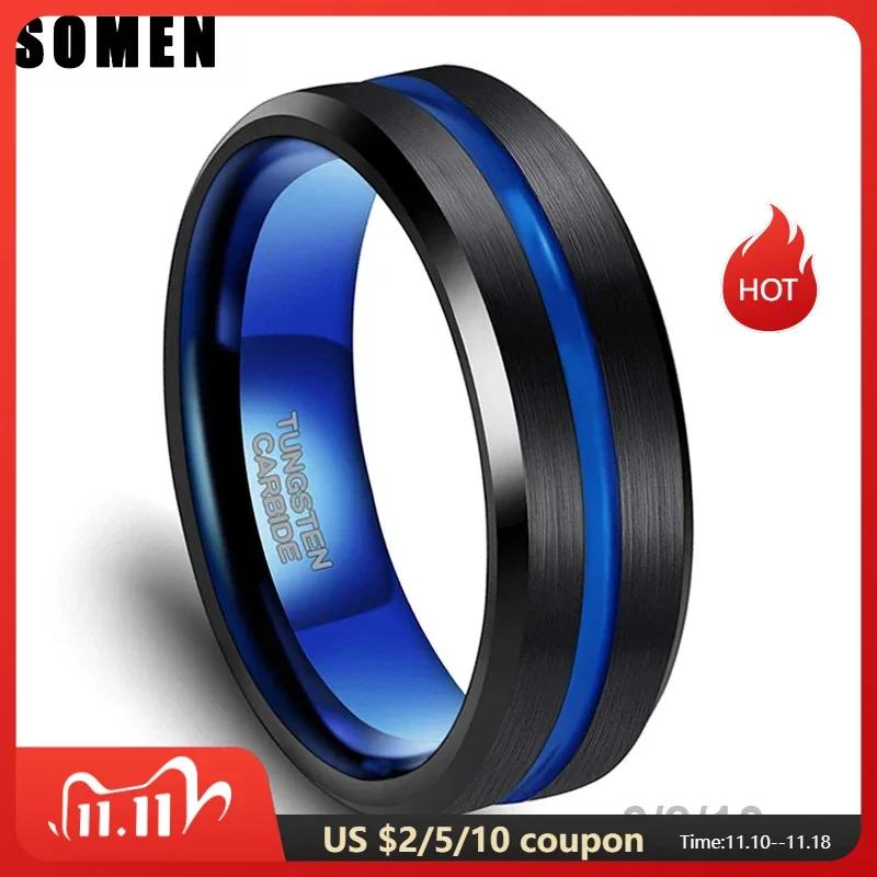 Somen Mens Wedding Ring 6/8/10mm Tungsten Black With Blue Groove/ Inside Matte Brushed Engagement Wedding Ring Men Bague Homme