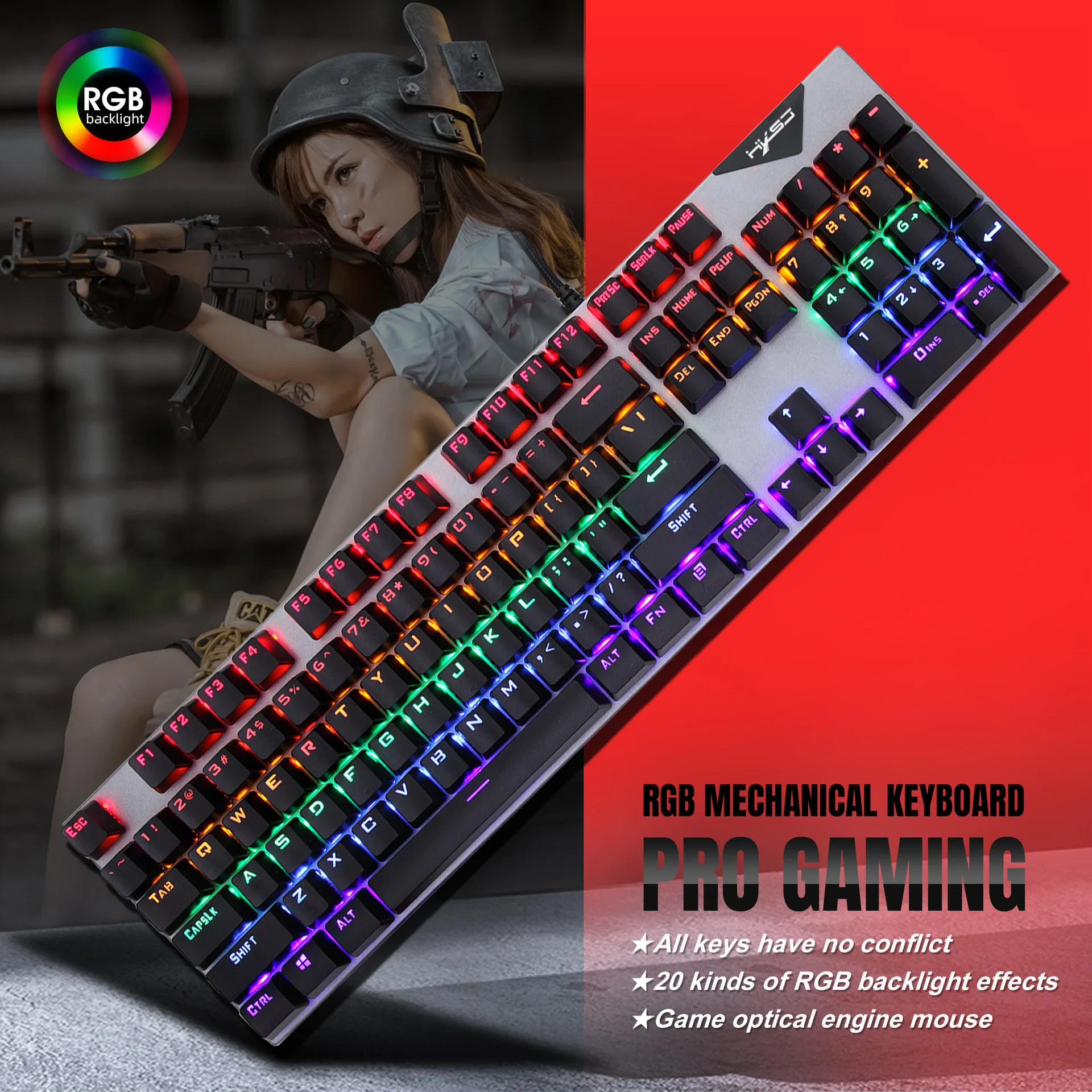 Arabic English Mechanical Keyboard 100% Layout RGB LED Lighting Gaming Keyboard USB Wried L300 FN Shortcut Key True Mechanical B
