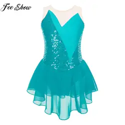 Girls Ballet Figure Ice Skating Dance Dress Gymnastics Acrobatics Performance Dancewear Shiny Sequins Sheer Mesh Leotard Dresses