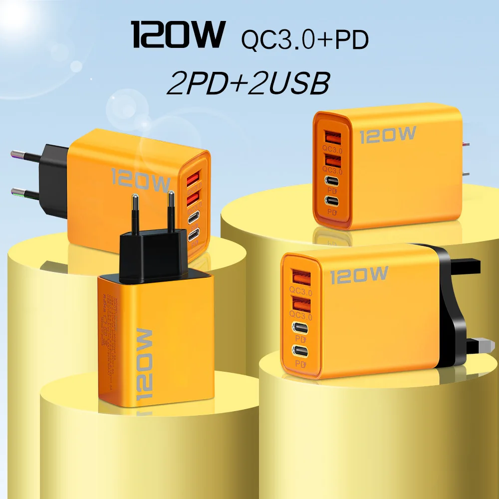 

Total 120W 4 Ports USB C Charger Fast Charging Mobile Phone Charger Adapter For iPhone Samsung Xiaomi Huawei QC 3.0 Wall Charger