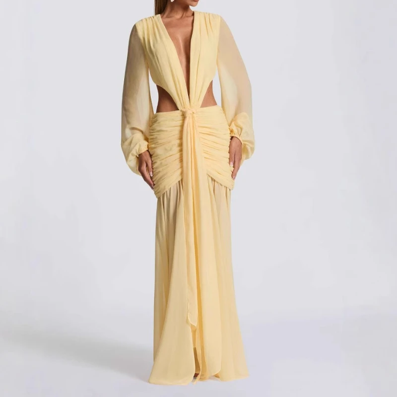 

2025 Women's Chiffon Dress with Yarn Sleeves, Sexy Backless Fashion, Solid Color Hollow Out Long Sleeves