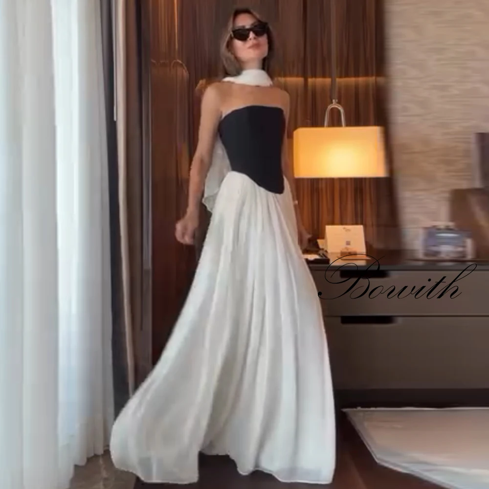 

Bowith Contrast Color Chiffon Evening Dresses Strapless A-line Lace-up Black and White Prom Gown Customized Wedding Party Dress
