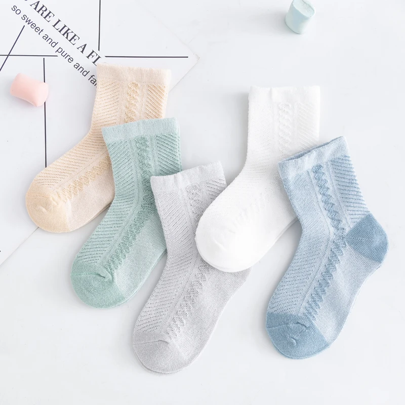 Boys' solid color mesh socks summer thin children's breathable cotton socks girls' breathable casual socks 5 Pairs/Lot