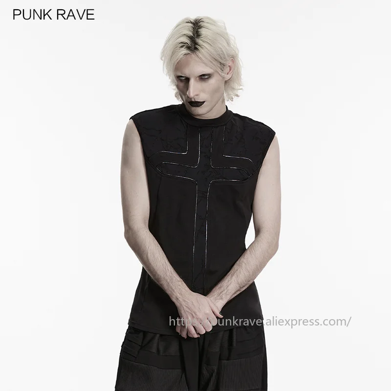 PUNK RAVE Men's Punk Elastic Knitted Minimalist Black Cross Vest Dark Avant-garde Style Tops Summer