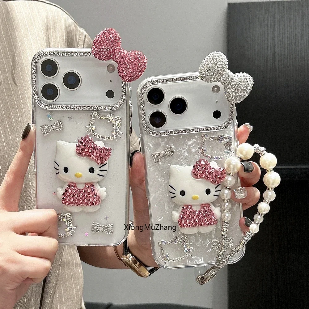 3D-Stereoskopische Handyhülle für iPhone 18 17 16 15 14 13 12Pro Max Niedliche Cartoon Sanrio Hello Kitty Schleife Glitzernde Lanyard-Hülle – Detail 12