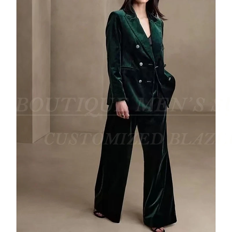 Velvet Women's Suits Elegant Double Breasted Peak Lapel Blazer Formal Office Lady Slim Fit 2 Piece Jacket Pants Costume 2025