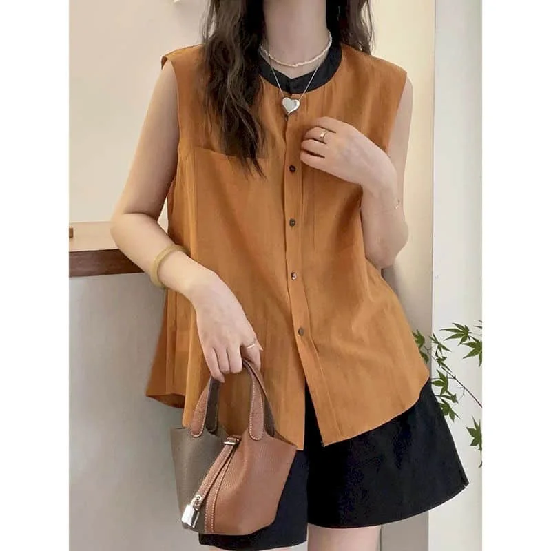 Sleeveless Shirts for Women Vintage Solid O-neck Loose Casual Korean Style Single Breasted A-line Blouse Women Office Lady Tops