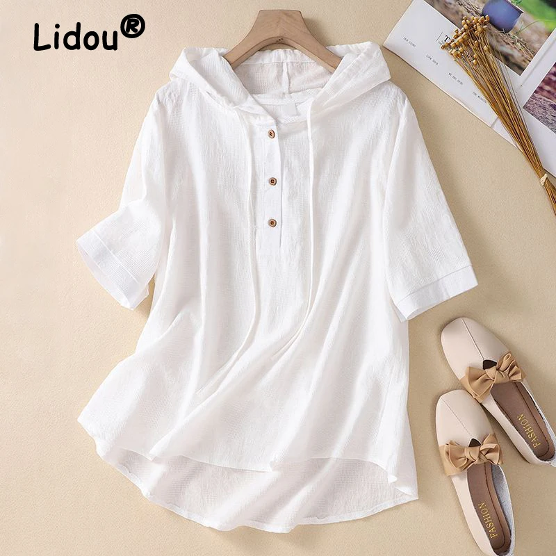 Women Summer Embroidery Simple Retro Cotton Linen Blouse Irregular Short Sleeve Loose Tops Female Casual Drawstring White Shirts