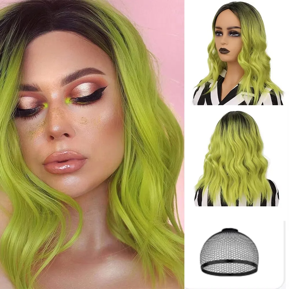 Synthetic Green Bob Wavy Wigs for Women Lime Green Wig Middle Part Heat Resistant Party Halloween Cosplay Costume Wig