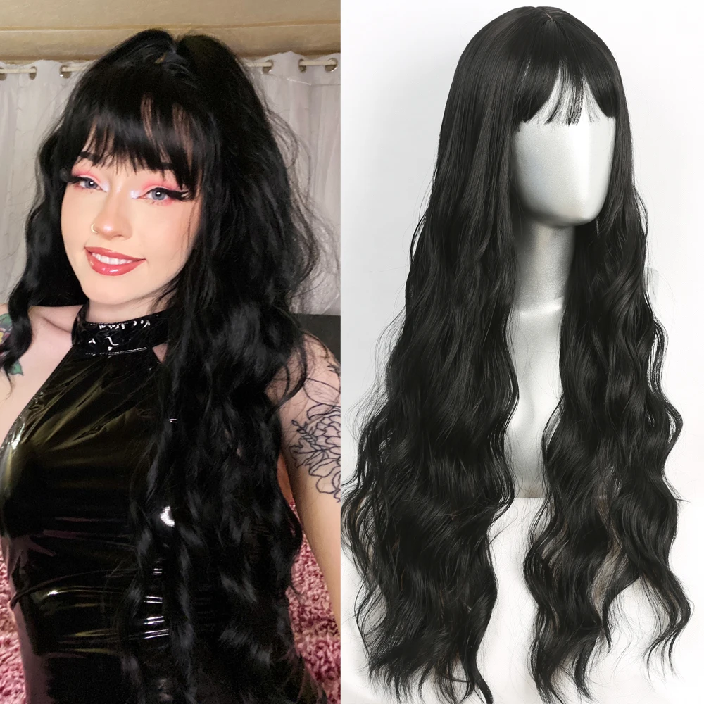 

Synthetic Brazilian Cosplay Wig Long Black/Brown Wavy With Fluffy Bangs Wigs For Women To Wear Daily/Cosplay Heat-Resistant