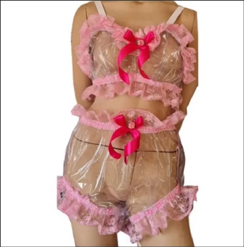 

Adult Giant Baby Sexy Girl Transparent Thin PVC Sissy Sling with Pink Lace Trimming Japanese Maid Role Play Customization