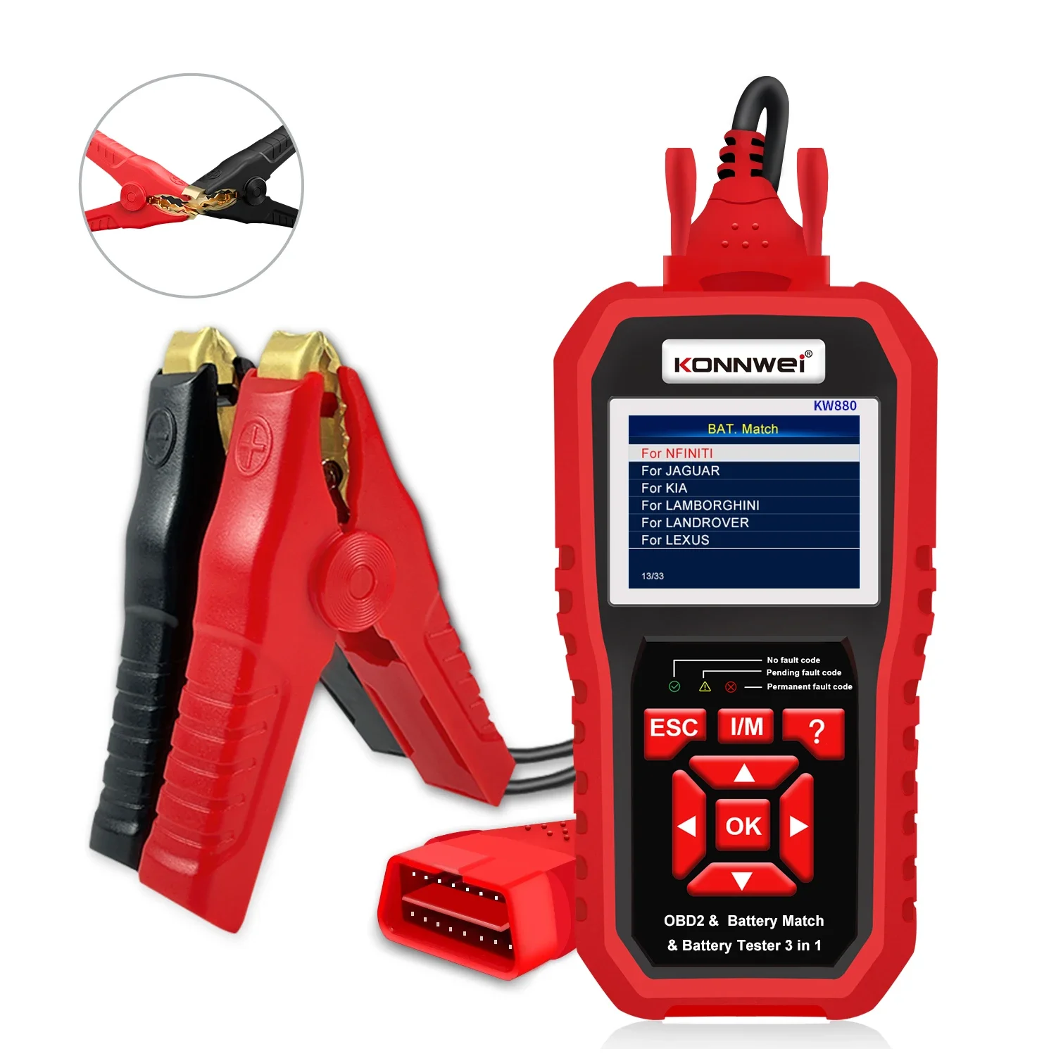 

KONNWEI KW880 12 В тестер автомобильного аккумулятора, анализатор, автоматический диагностический инструмент, подходит для сканера OBD2 3 в 1, полная функция