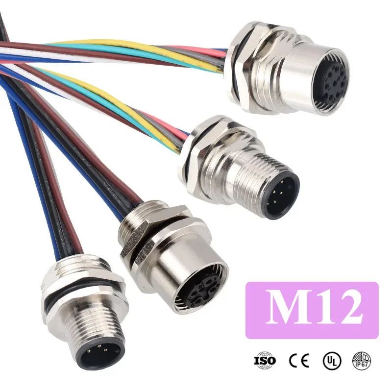 Waterproof M12 Panel Socket with 30CM Wire IP67 2 3 4 5 6 7 8 12 17 Pin Cable Connector Male Female Panel Front/Rear Socket