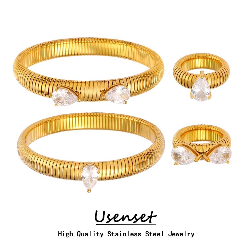 USENSET Big Waterdrop CZ Inlaid Stainless Steel Jewelry Set High Quality 18K Gold Color Bracelet Ring Set Waterproof