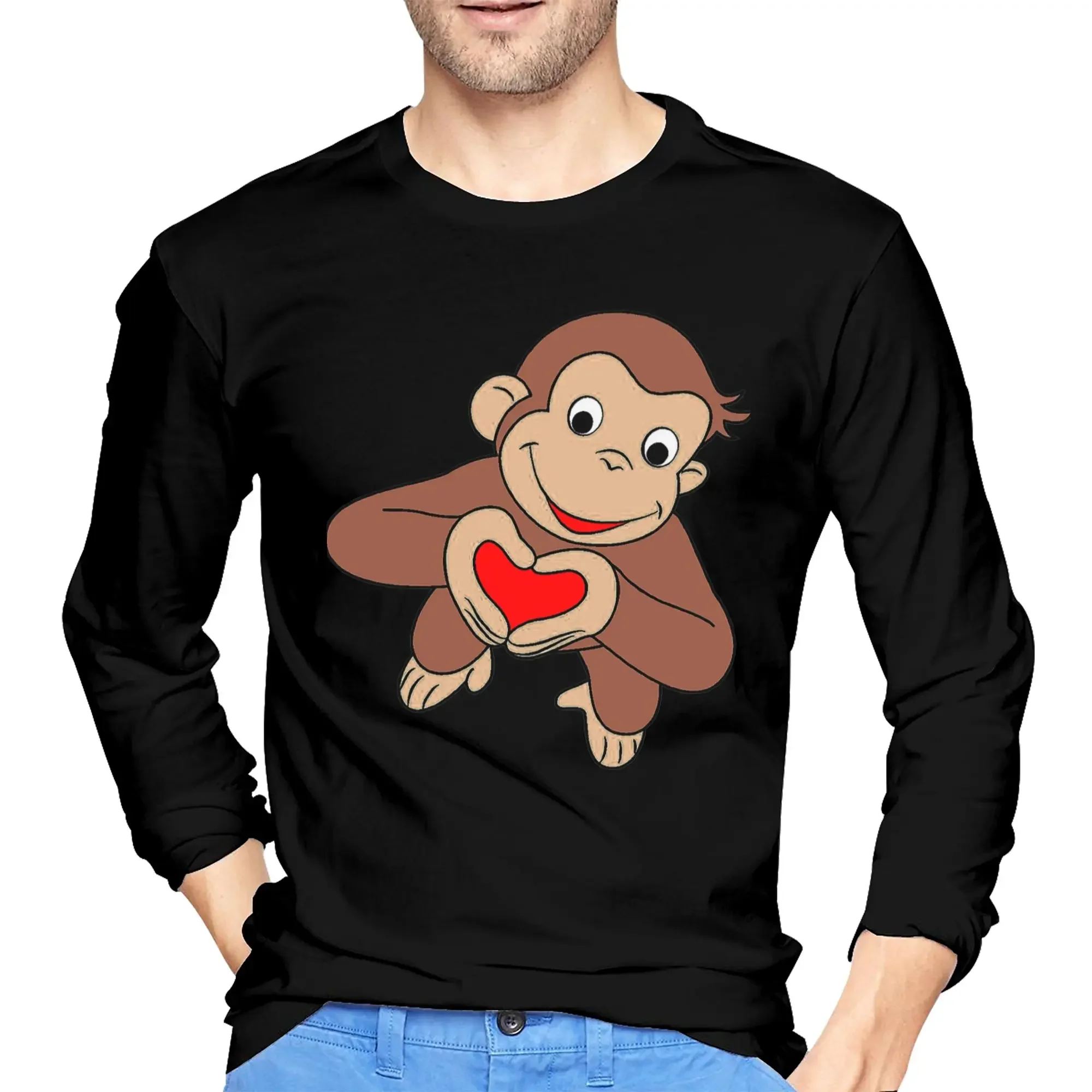 

Curious George Is All Heart Men's Long Sleeved T-shirt Casual Round Neck T shirts Spring and Autumn Men tops