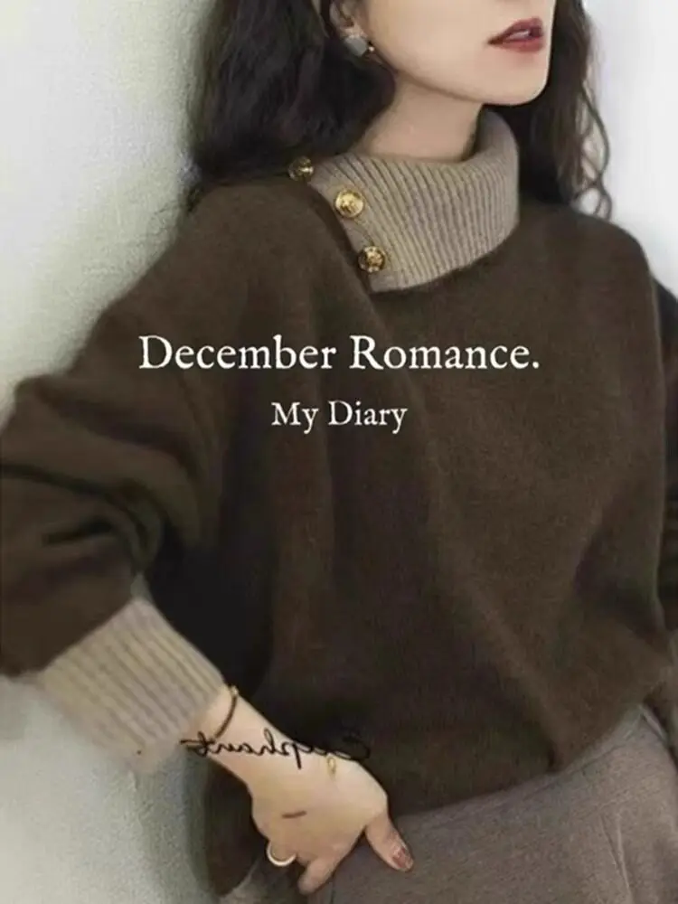 Women Brown Gothic Pullover Sweater Harajuku Aesthetic Y2k Long Sleeves Turtleneck Knitted Sweaters Vintage 2000s Clothes Autumn
