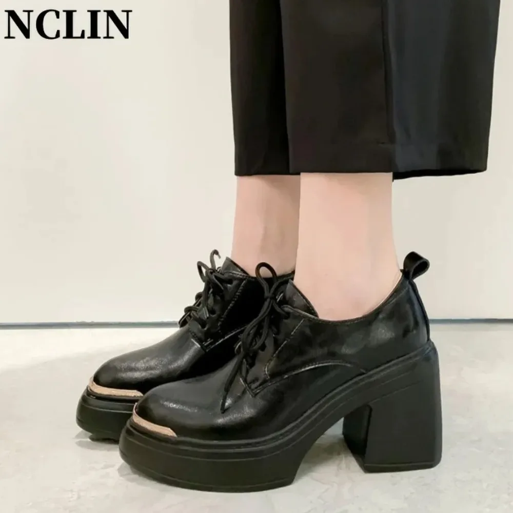 2026 Women Spring New Black Platform High heels Shoes Women Loafers Slip on Boat Shoes Designer Casual Leather Oxfords