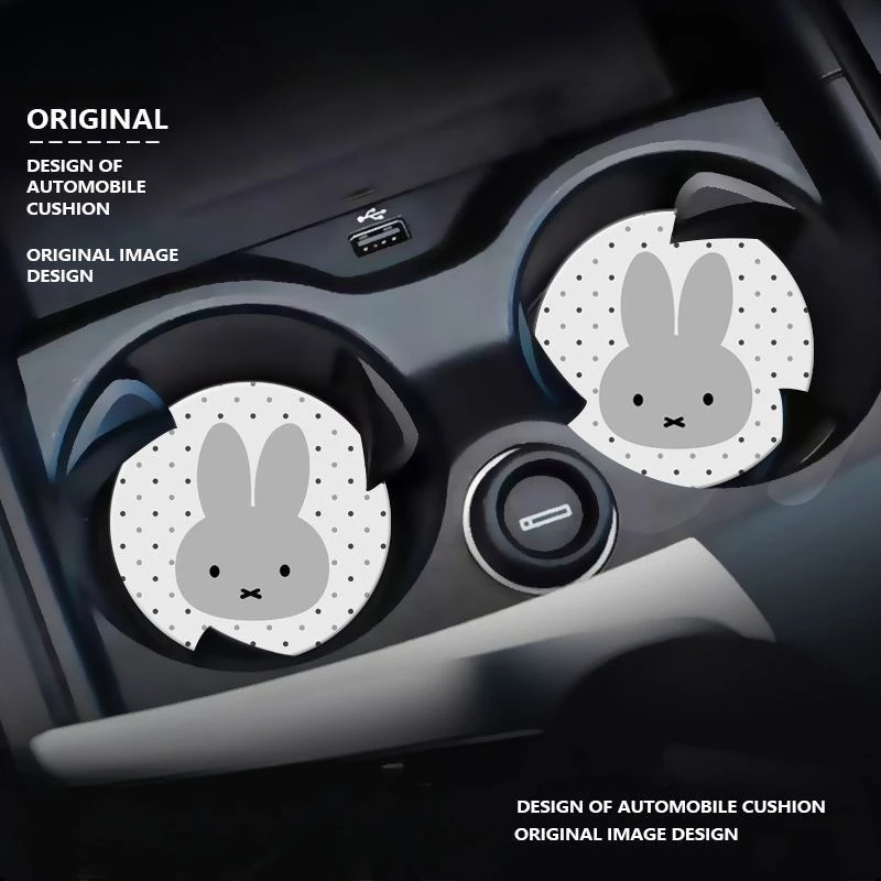 Cute Miffy Bunny Car Coaster Cartoon Rabbit Bow Print Auto Cup Holder Mat Kawaii Non-slip Heat Resistant Car Interior Decor