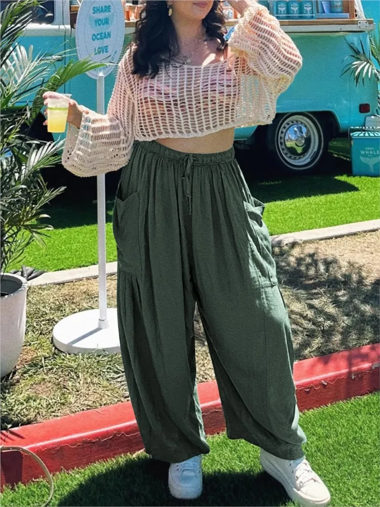 Plus Size Women's Trousers Linen Loose High Waist Drawstring Wide Leg Pants Casual Fake Daily Commuting Nine-point Pants Summer