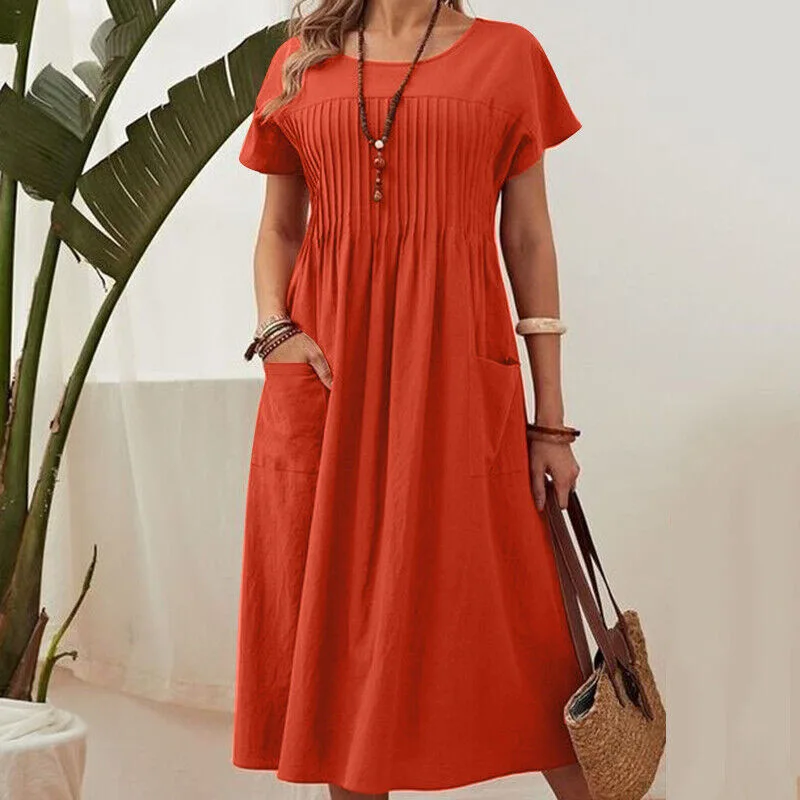 

Summer solid color casual solid color pleated broadband women's loose elegant retro A-line cotton and linen dress