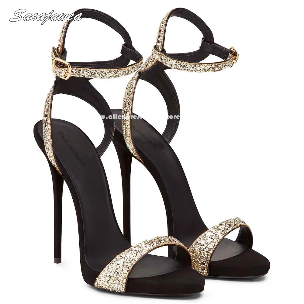 

Patent Leather Belt Bukcle Strap One Word High Heels Open Toe Size 34-46 Catwalk Style Sexy Party Sandals All-Match Lady Sandals