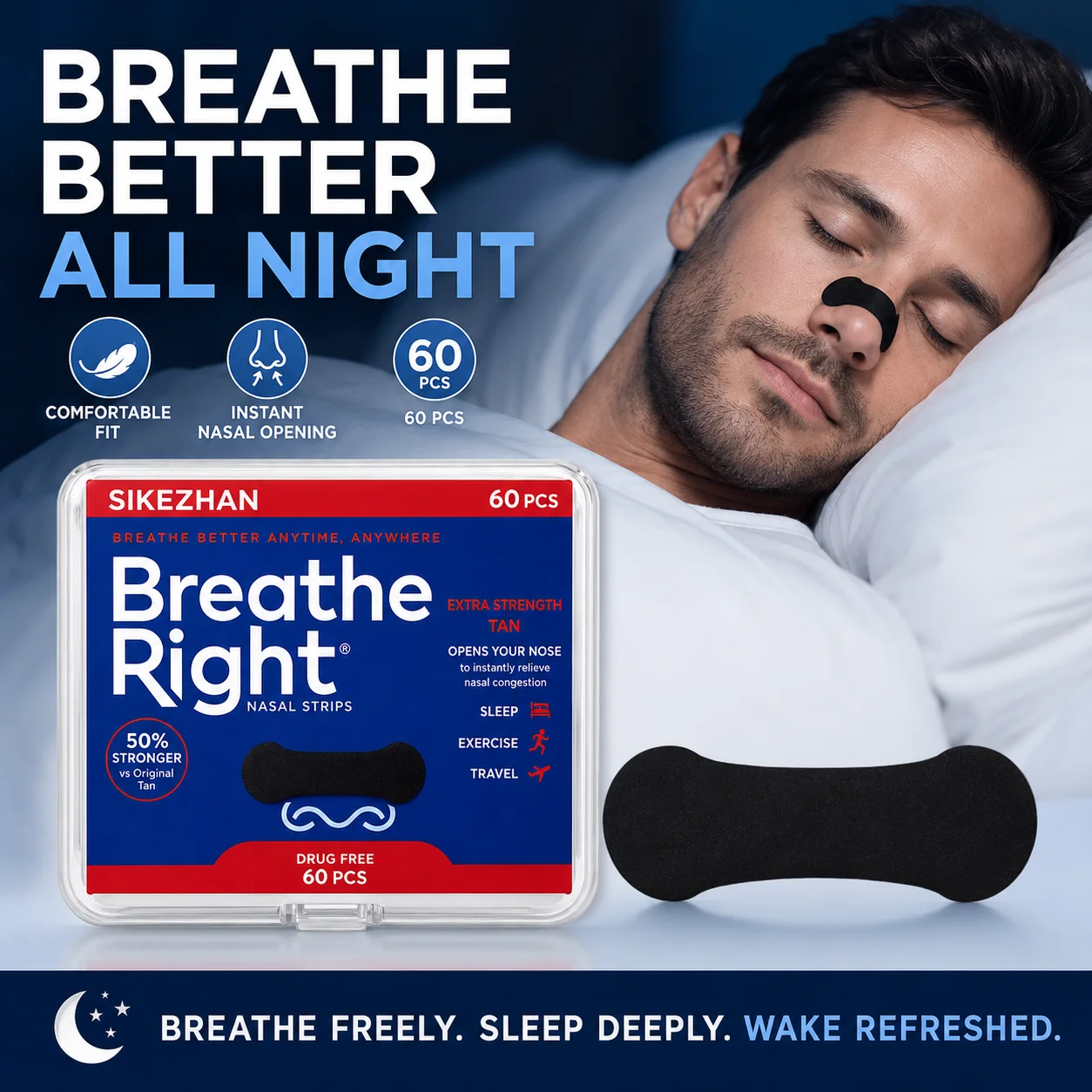60PCS Black Nasal Strips Comfortable Flexible Nose Stickers for Night Sleep Running Exercise Travel and Everyday Use