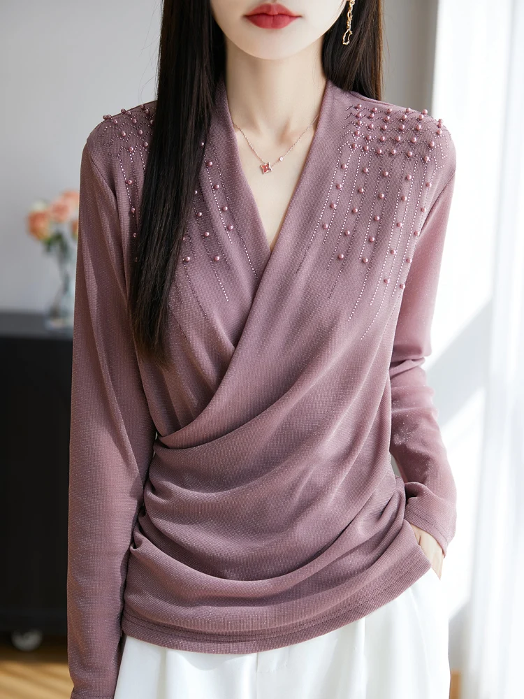 

Women's Long Sleeved Cross Neck Soft Silky Casual Fashion Spring Autumn Diamond Studded Pearl Mesh Top