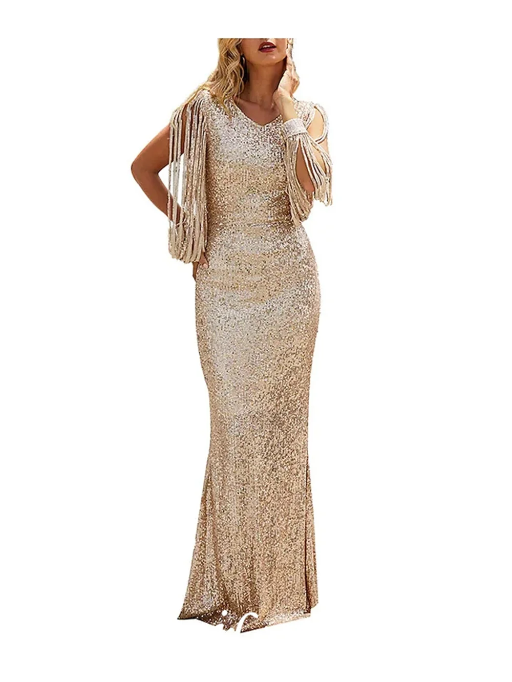 Mermaid / Trumpet Sparkle & Shine Prom Formal Evening Dress V Neck Long Sleeve Floor Length Polyester with Sequin