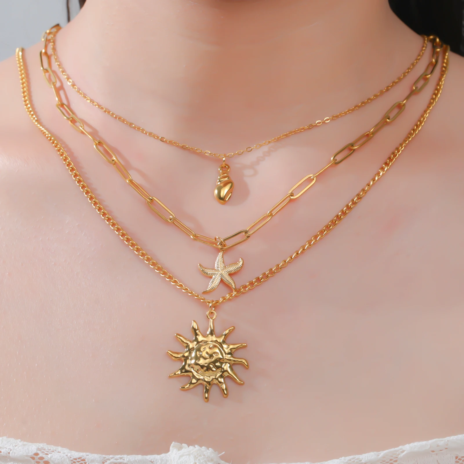 

Amaxer Stainless Steel Necklace Light Luxury Exquisite Golden Sun Three Layer Bone Chain Lady Jewelry Birthday Anniversary Gift