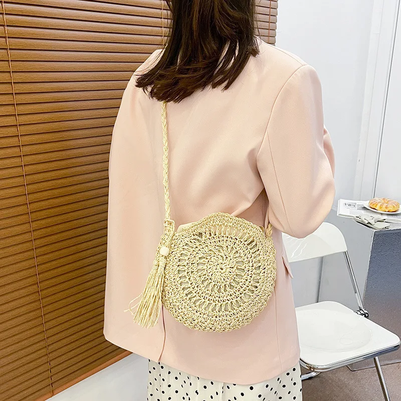 Rattan gewebte Frauen Stroh Umhängetasche kleine Clutch Geldbörse und Handtasche Sommer Strand tasche Frau Quaste Schulter Umhängetasche – Detail 10