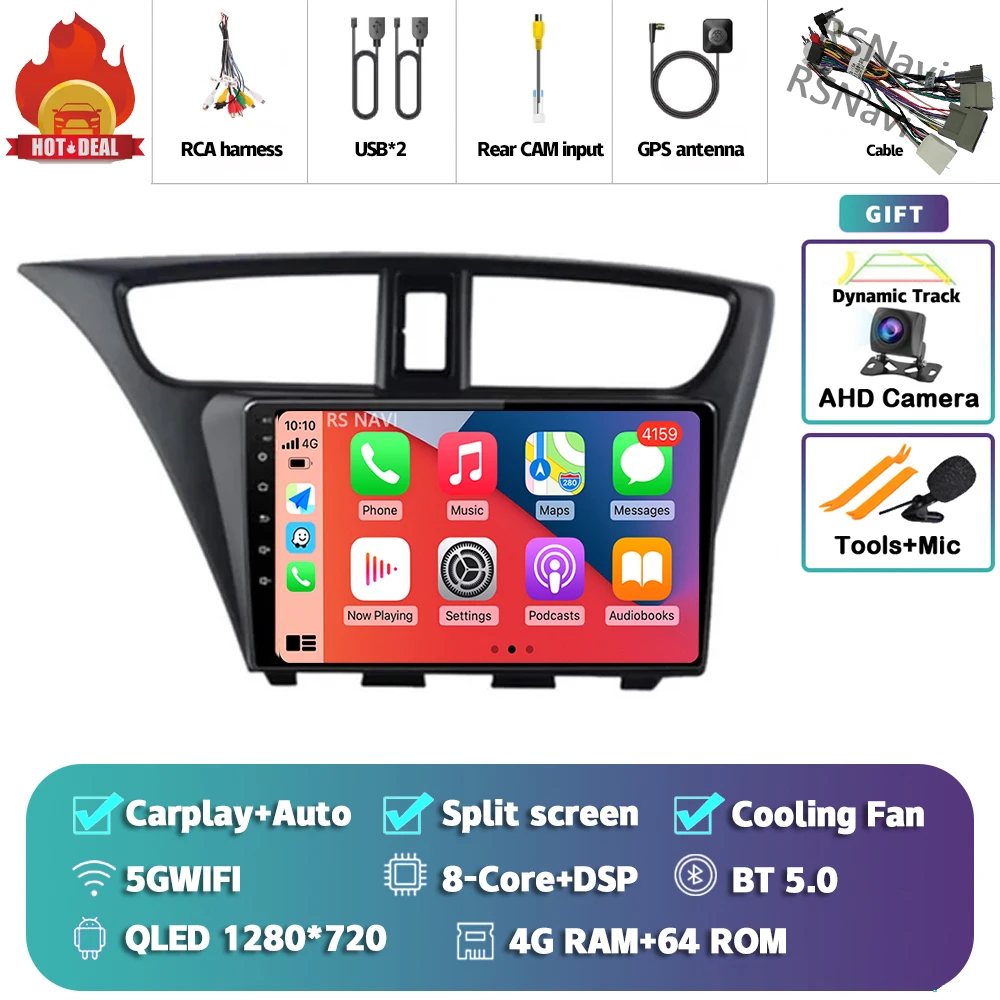 Android 15 Carplay Auto Voor Honda Civic Hatchback 2012 2013 2014 2015 2016 2017 Multimedia Autoradio Speler WIFI + 4G DSP Stereo - afbeelding 1