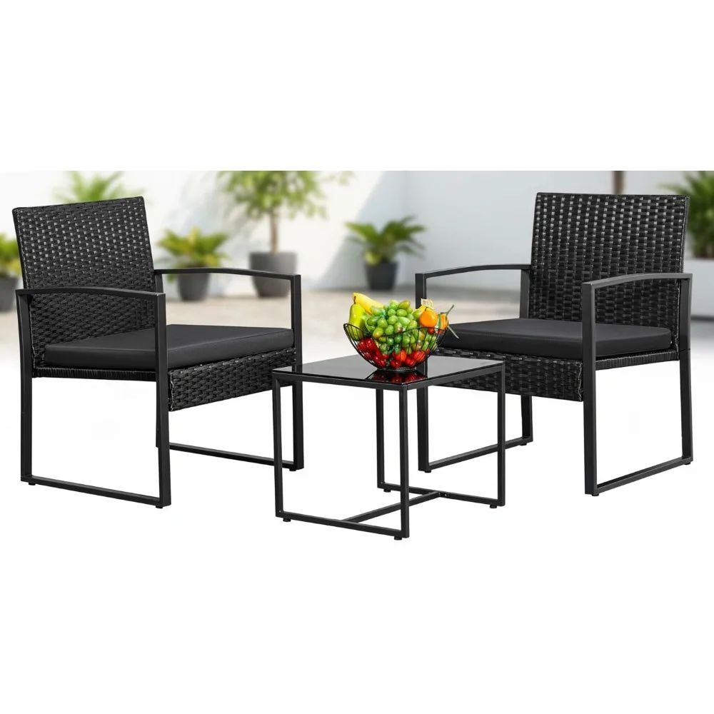 

Modern 3-Piece Rattan Bistro Set with Coffee Table - Outdoor Patio Furniture for Garden, Yard & Porch (Black)