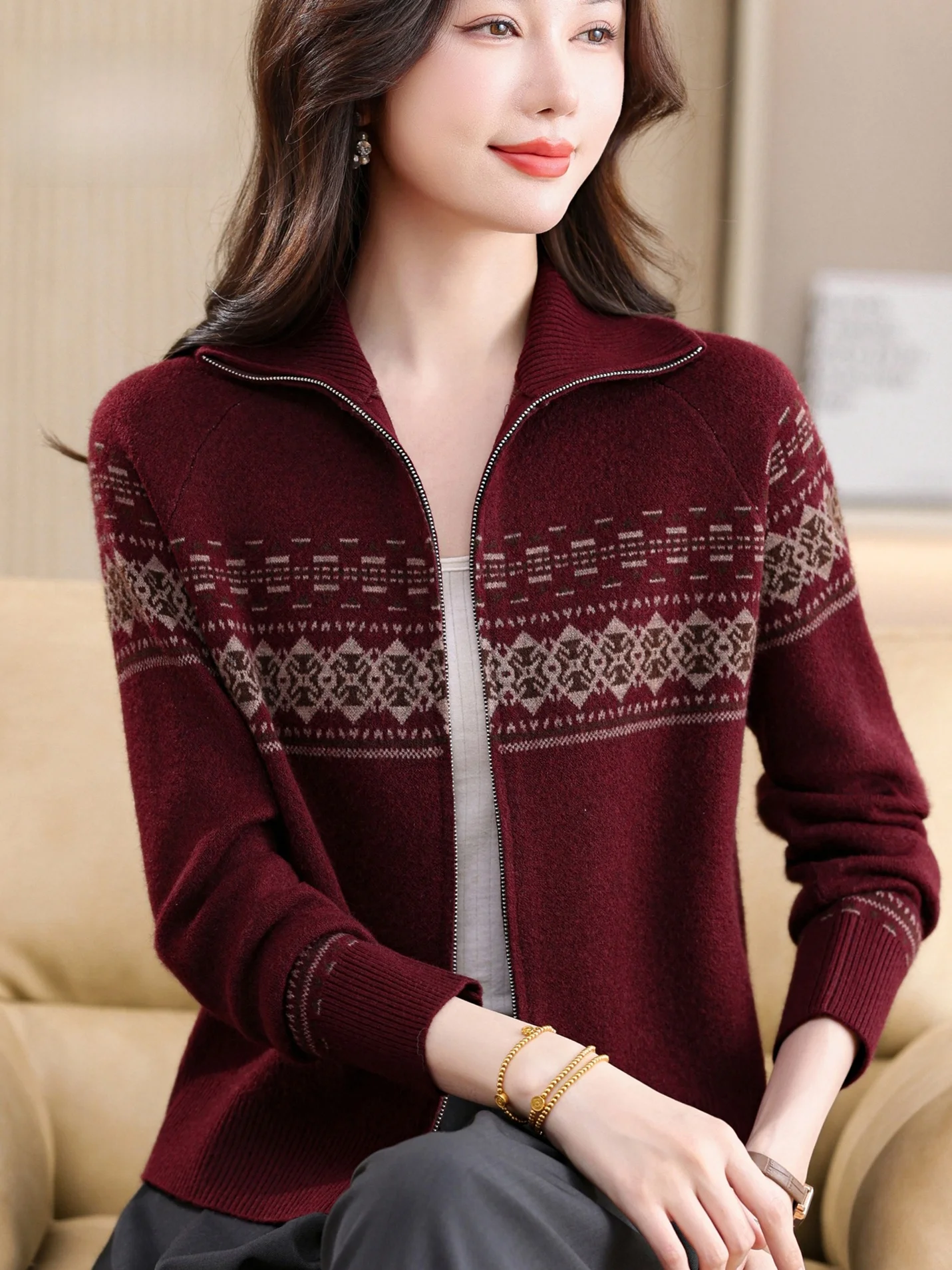 

Весенне-осенний женский вязаный шерстяной кардиган на молнии с воротником, утягивающий, теплый, для женщин среднего и старшего возраста