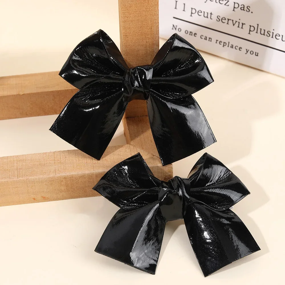 ncmama 2PCS Gold Black PU Bow Hair Clips Handmade Vintage Bowknot Hairpins Headwear Barrettes Hairgrips Kids Hair Accessories