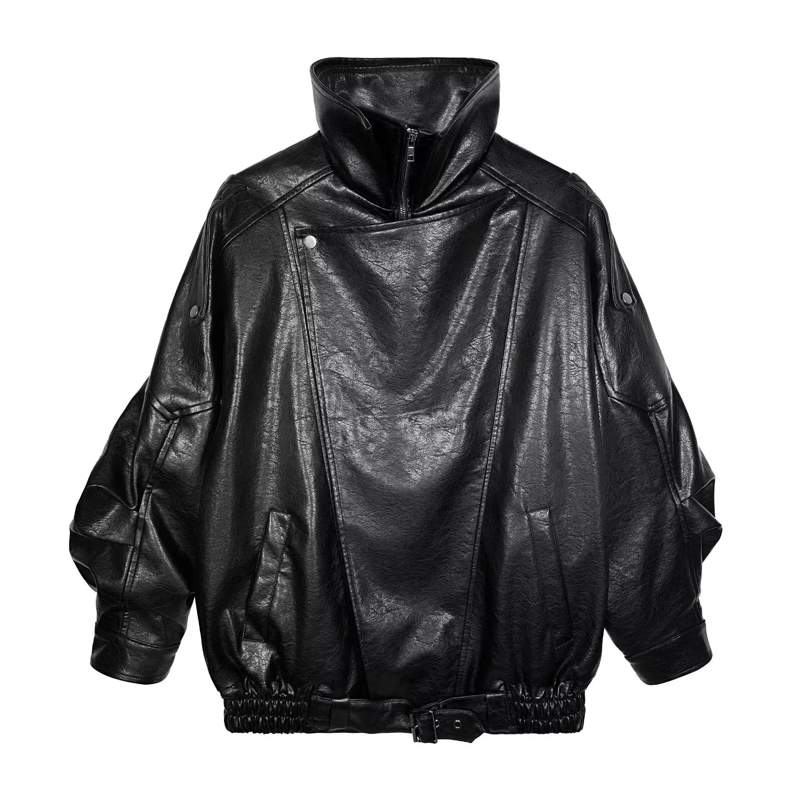 Street Stand Collar Men's Leather Jacket Loose Long Sleeve Zipper Pockets Chic Female Coats 2025 Autumn Winter Lady Outerwear