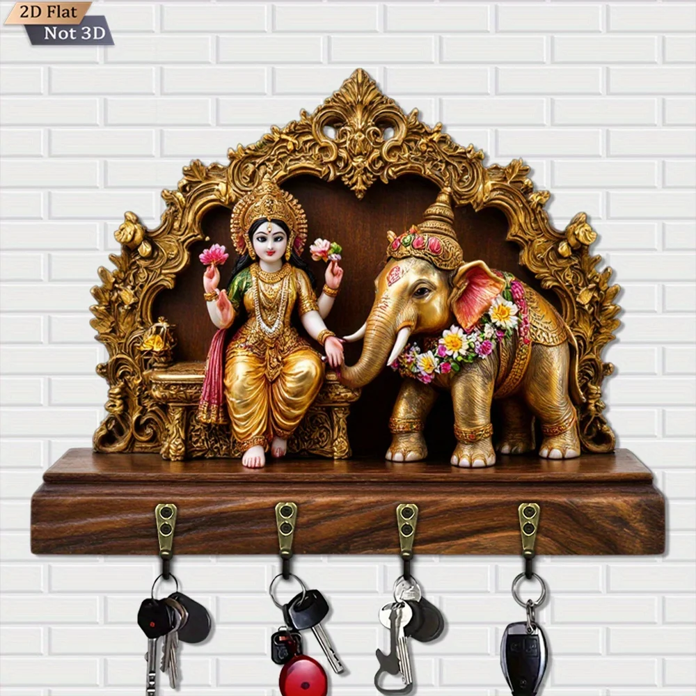 1pc Indian Goddess Lakshmi and Elephant Statue Key Holder- Wall-Mounted Key Organizer with 4 Metal Texture Hooks, Vintage Hindu