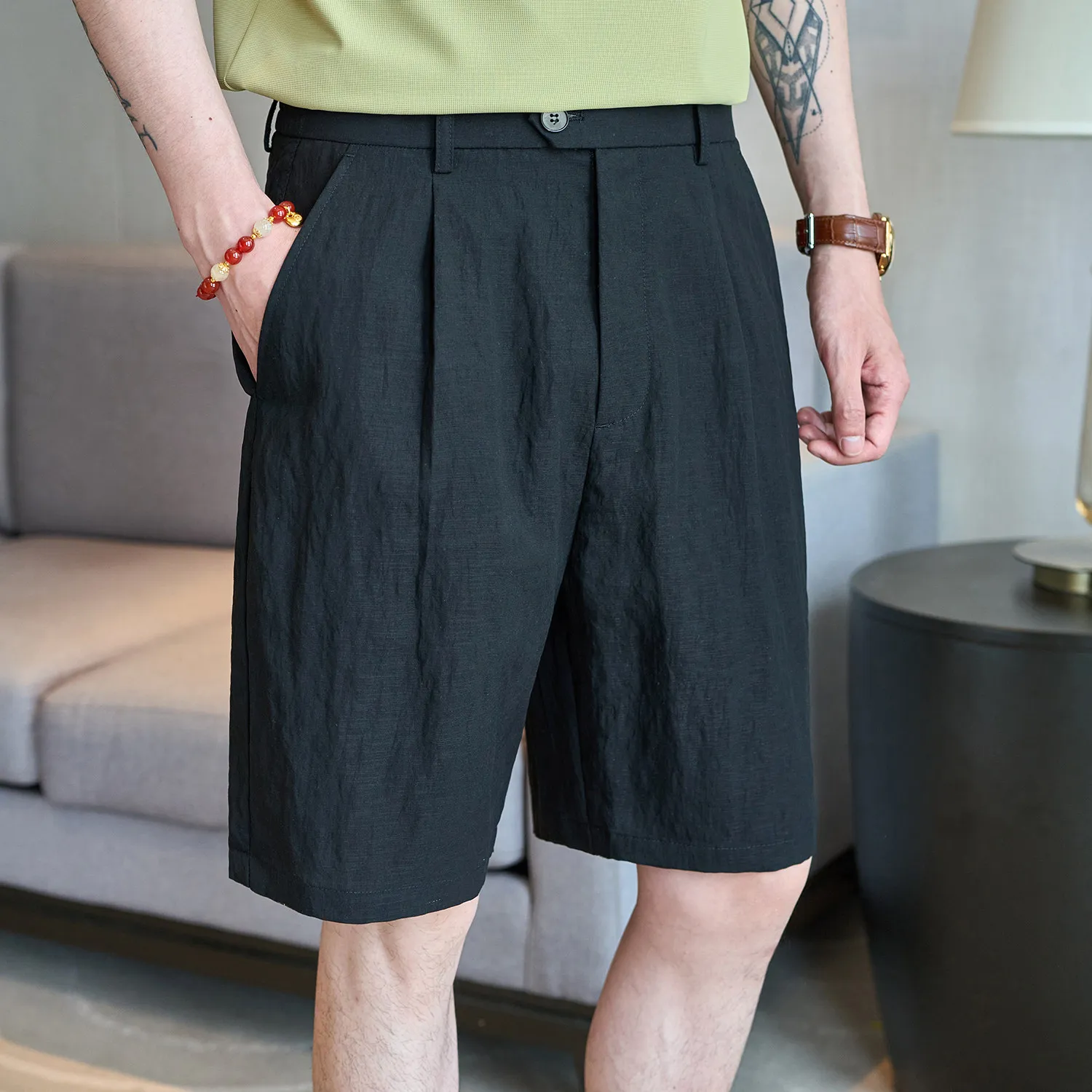 Men's Summer Loose Knee Shorts - Lightweight Linen Feel, Elastic Waist, Solid Color (Black/Grey/Beige) for Daily & Vacation Wear