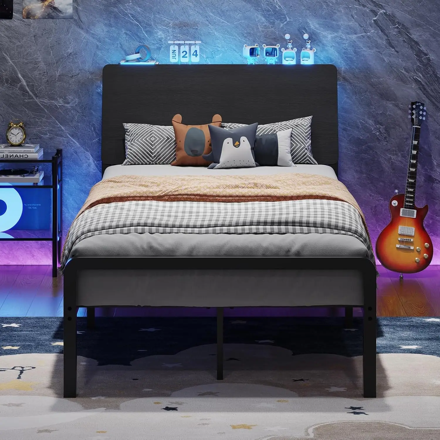 

Twin Bed Frame with Storage Headboard,Metal Platform Bed Frame with LED Lights,Ergonomic Design,Heavy Duty Metal Slats,No Box Sp