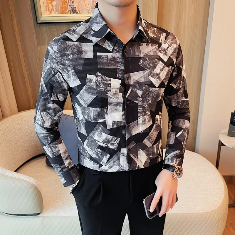 Korean Trend Printed Shirt for Men High-quality Slim Long Sleeved Shirt Casual Business Social Formal Dress Shirts Men Clothing