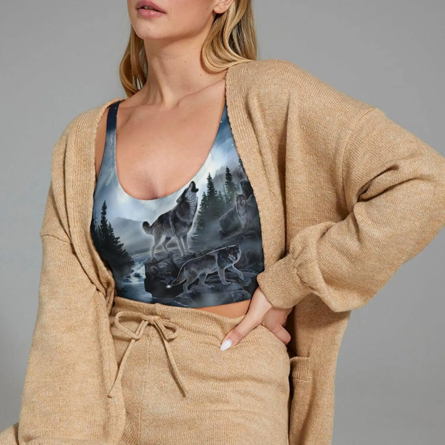 Colete utilitário feminino com estampa de lobo Colete esportivo Colete de treino de ioga para mulheres verão leve