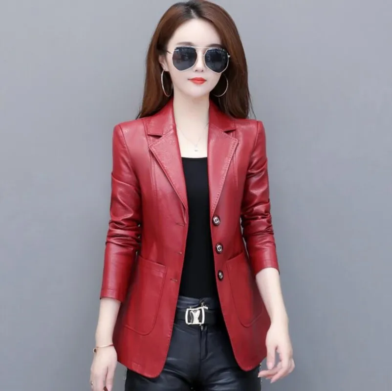 Spring Genuine Leather Jacket Women Korean Fashion Slim Sheepskin Coat Black Red Real Leather jackets ladies Casual Blazer femme