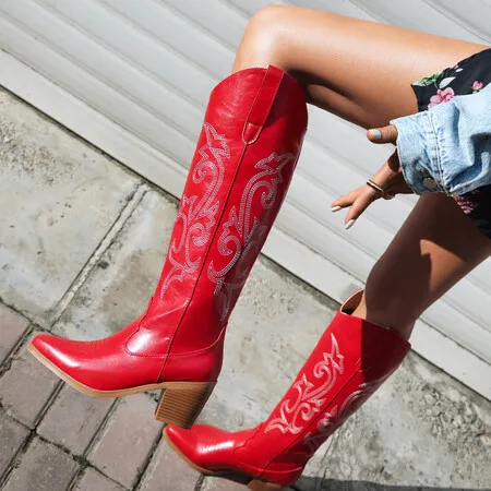 Western Cowboy Knee High Boots Women Pointed Toe Thick High Heeled Embroider Autumn Winter Red Long Booties Trendy Shoes Woman