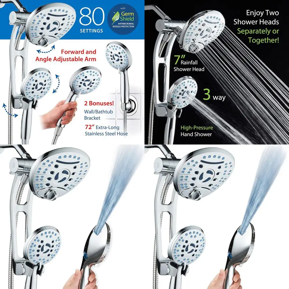 

High-Pressure 80-Mode 3-Way Shower Head with Adjustable Arm, Anti-clog Nozzles, Tub & Pet Wash, 6ft Hose, All-Chrome Finish