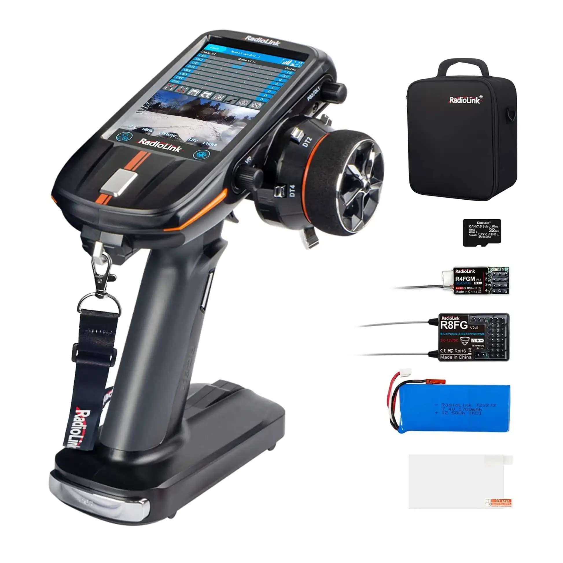 

Aismartlink RC8X RC Transmitter 8 CH 2.4G RC Transmitter and R8FG&R4FGM V2.1 Gyro Receiver, 4.3" FPV Touch Screen