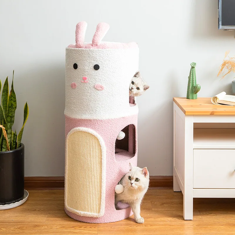Cubo para mascotas con forma de conejo de dibujos animados, tela polar de peluche de invierno, marco de escalada para gatos de sisal, nido para gatos, villa para gatos grande integrada